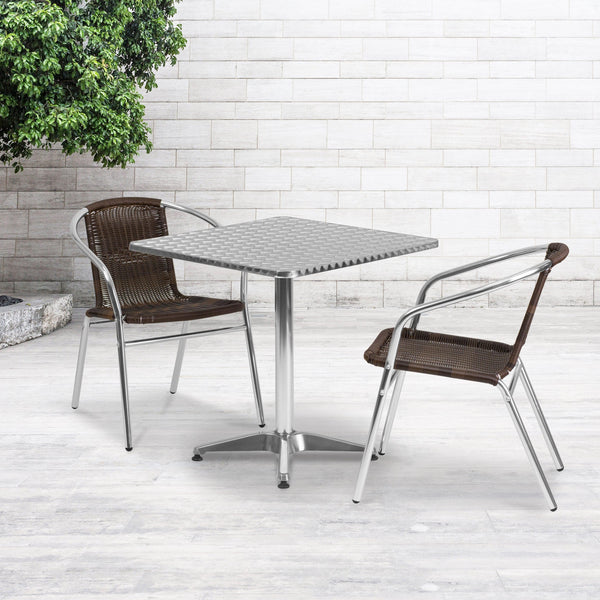 Dark Brown |#| 27.5inch Square Aluminum Indoor-Outdoor Table Set with 2 Dark Brown Rattan Chairs