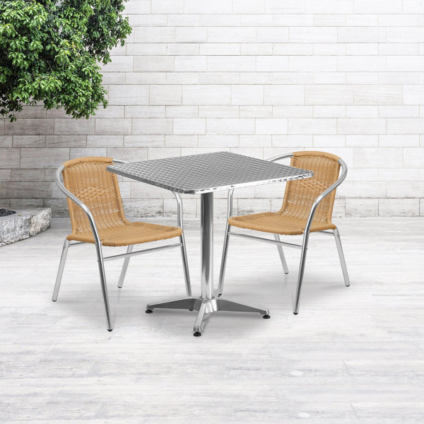 Beige |#| 27.5inch Square Aluminum Indoor-Outdoor Table Set with 2 Beige Rattan Chairs