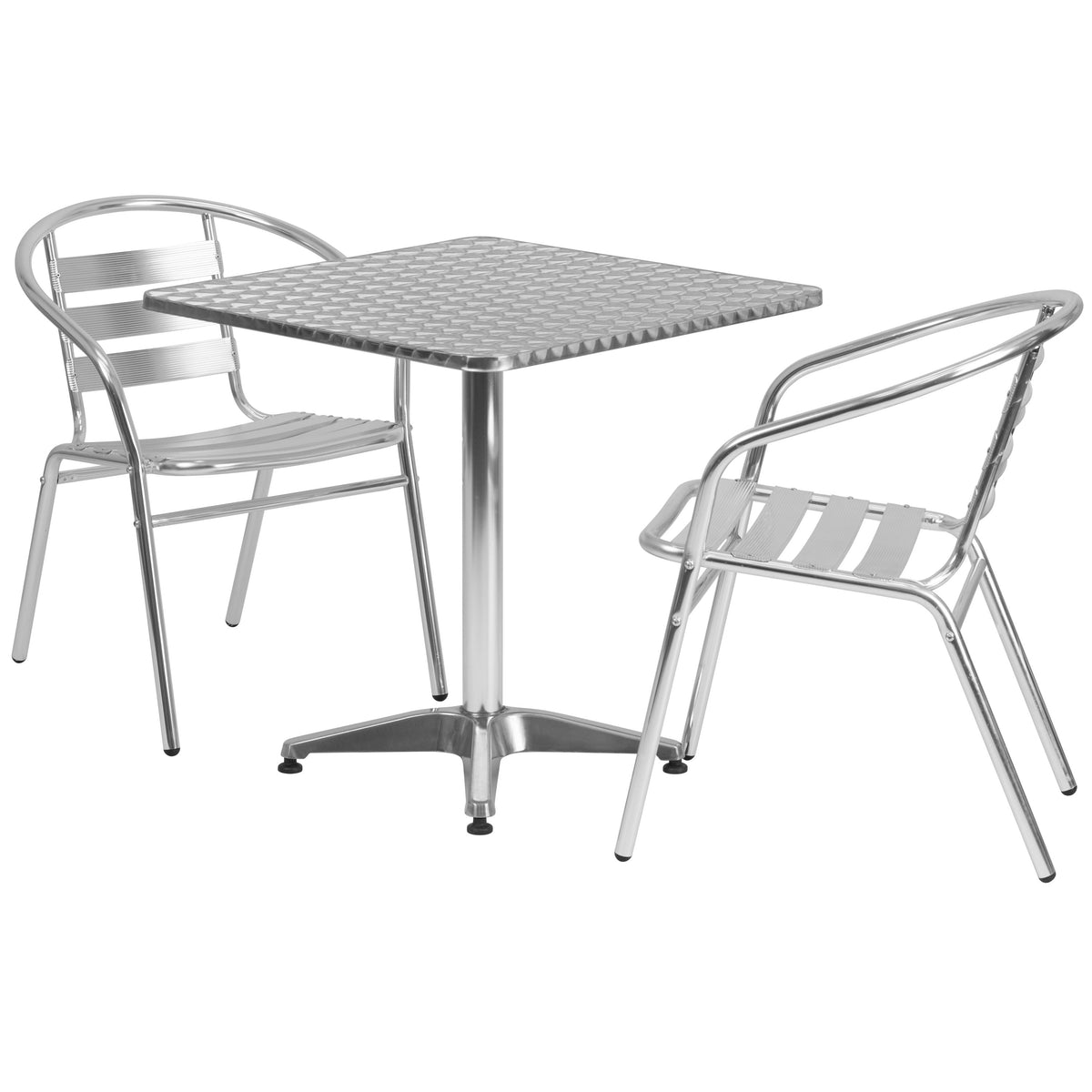 Aluminum |#| 27.5inch Square Aluminum Indoor-Outdoor Table Set with 2 Slat Back Chairs