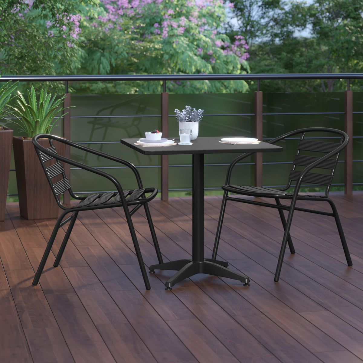 Black |#| Modern 27.5inch Square Glass Framed Glass Table with 2 Black Slat Back Chairs