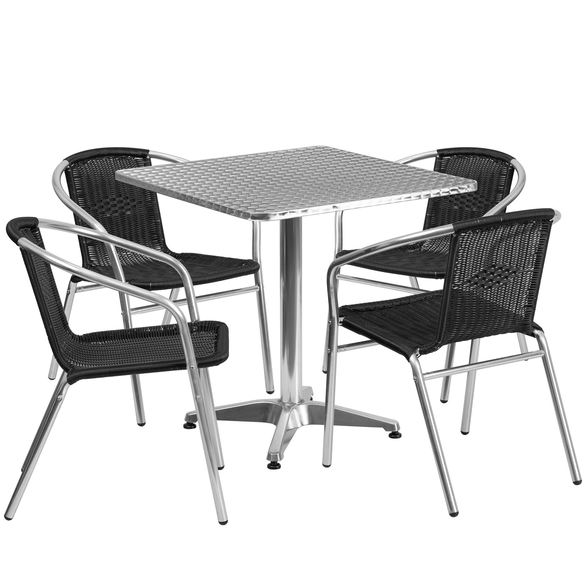 Black |#| 27.5inch Square Aluminum Indoor-Outdoor Table Set with 4 Black Rattan Chairs