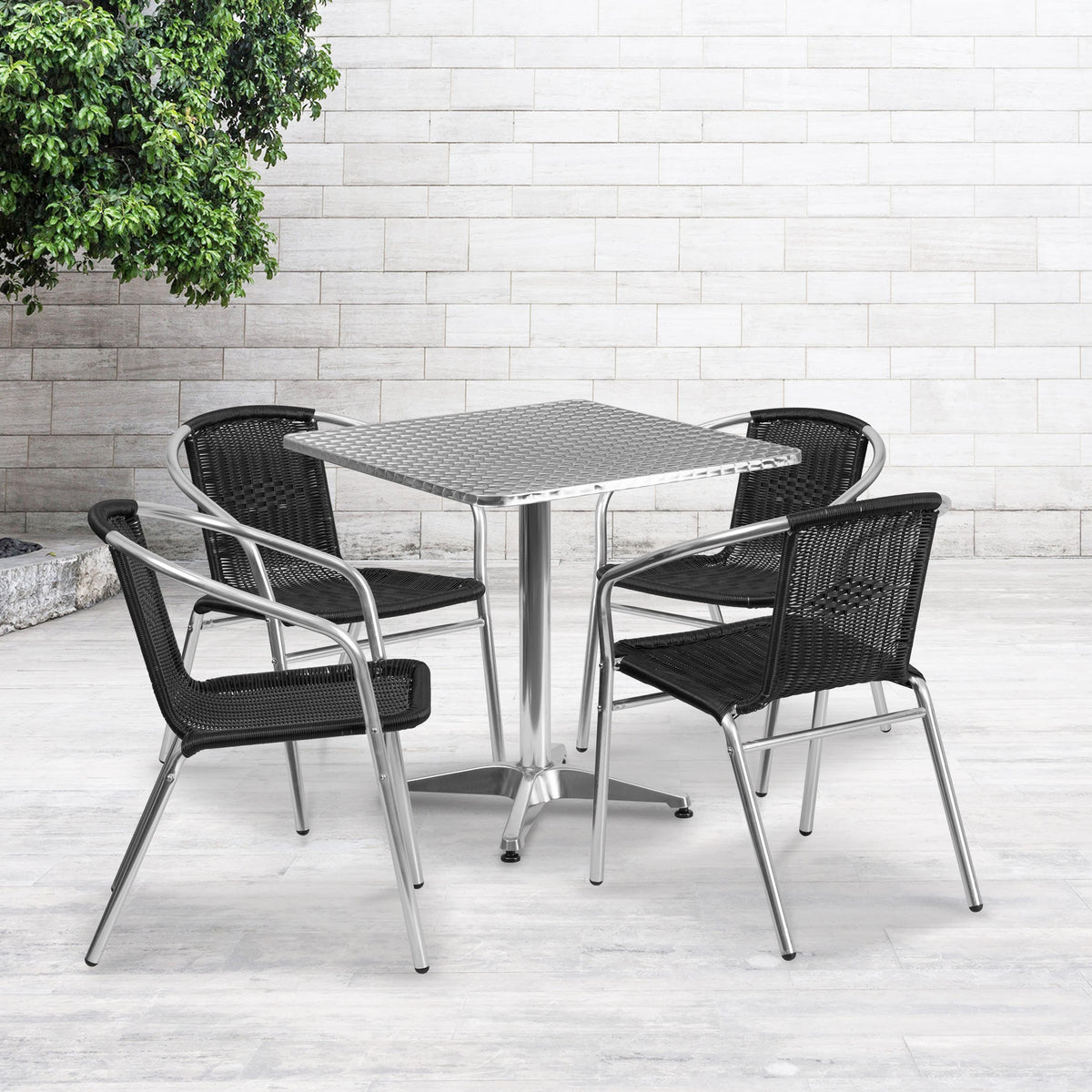 Black |#| 27.5inch Square Aluminum Indoor-Outdoor Table Set with 4 Black Rattan Chairs