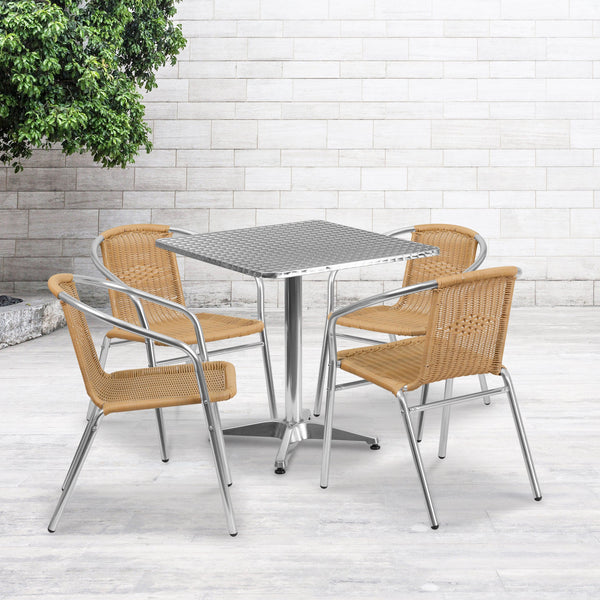 Beige |#| 27.5inch Square Aluminum Indoor-Outdoor Table Set with 4 Beige Rattan Chairs