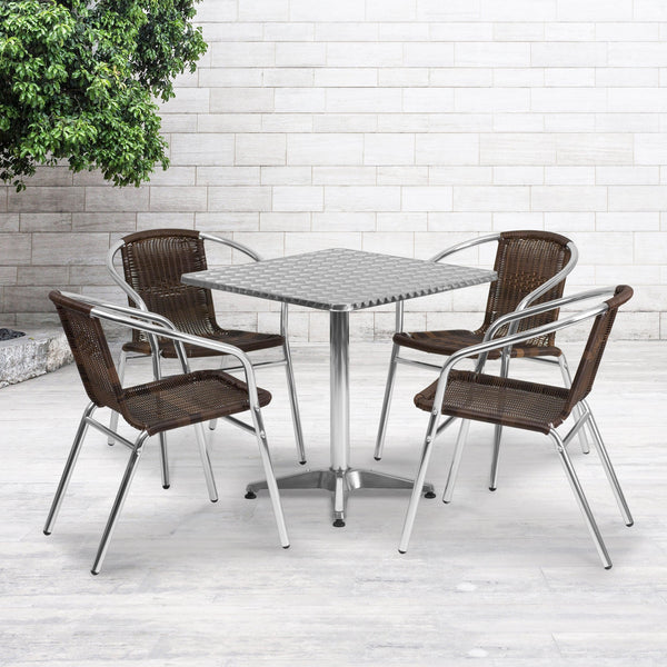 Dark Brown |#| 27.5inch Square Aluminum Indoor-Outdoor Table Set with 4 Dark Brown Rattan Chairs
