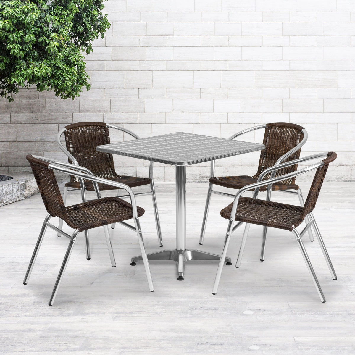 Dark Brown |#| 27.5inch Square Aluminum Indoor-Outdoor Table Set with 4 Dark Brown Rattan Chairs