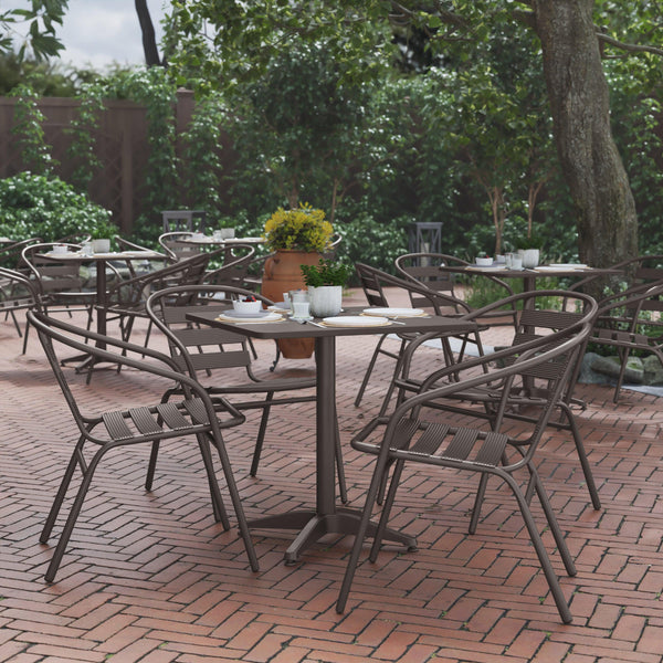 Bronze |#| Modern 27.5inch Square Glass Framed Glass Table with 4 Bronze Slat Back Chairs