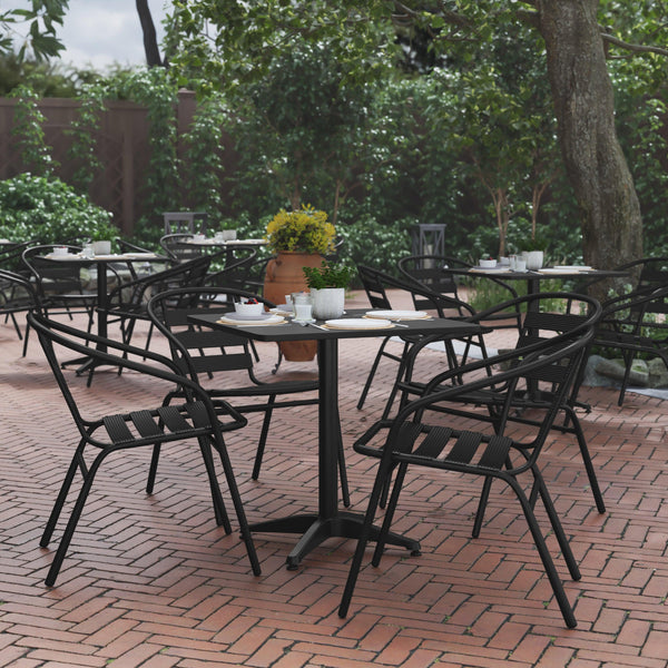 Black |#| Modern 27.5inch Square Glass Framed Glass Table with 4 Black Slat Back Chairs