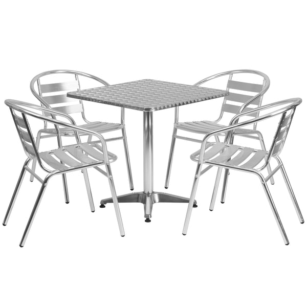 Aluminum |#| 27.5inch Square Aluminum Indoor-Outdoor Table Set with 4 Slat Back Chairs