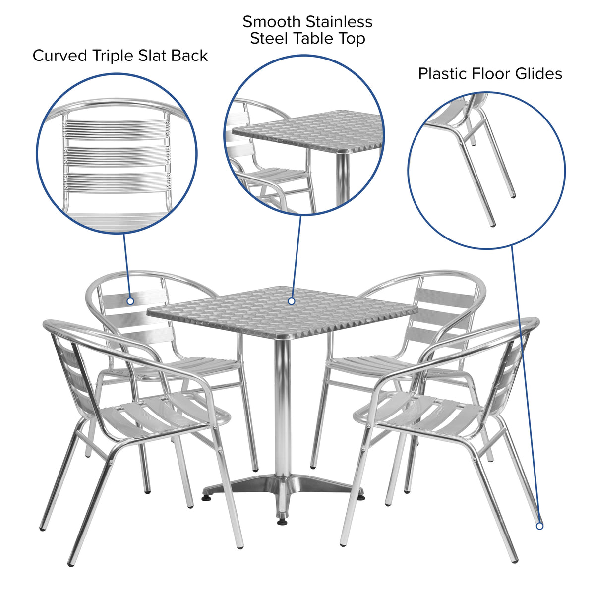 Aluminum |#| 27.5inch Square Aluminum Indoor-Outdoor Table Set with 4 Slat Back Chairs