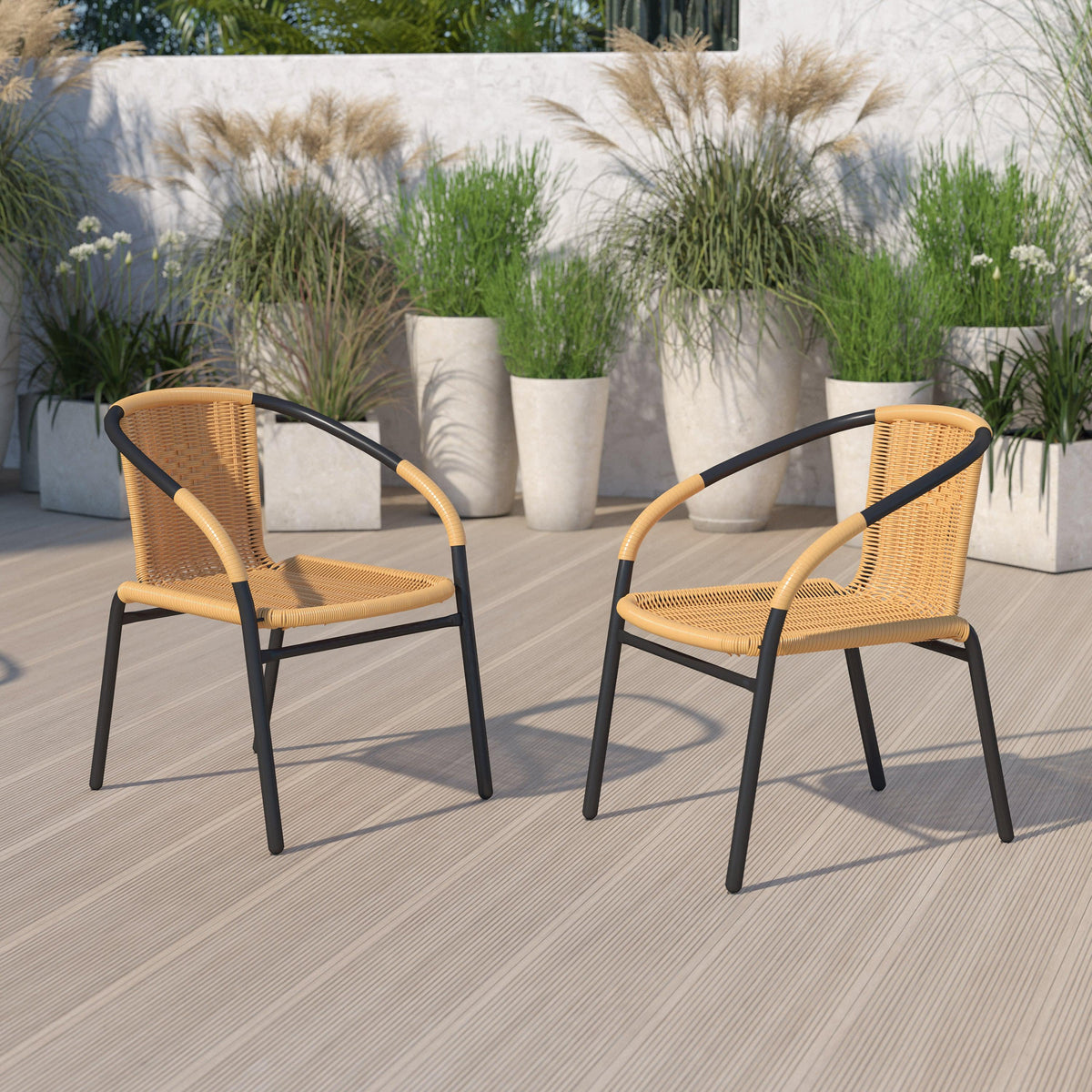 Beige |#| 2 Pack Beige Rattan Indoor-Outdoor Restaurant Stack Chair with Curved Back