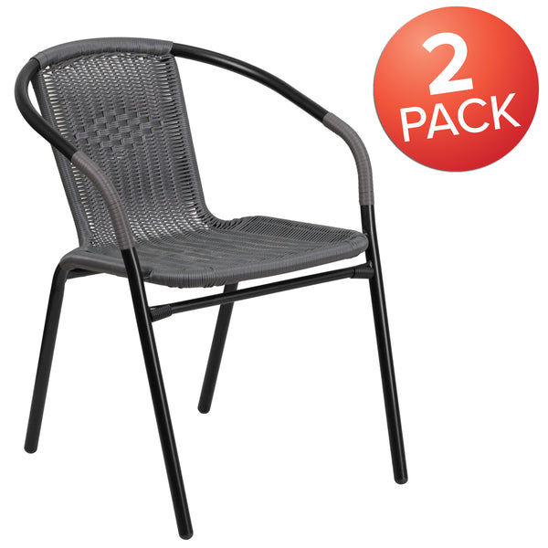 Gray |#| 2 Pack Gray Rattan Indoor-Outdoor Restaurant Stack Chair with Curved Back