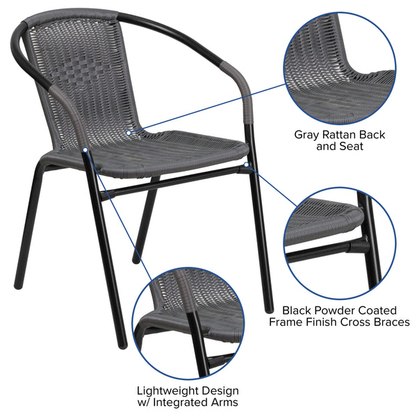 Gray |#| 2 Pack Gray Rattan Indoor-Outdoor Restaurant Stack Chair with Curved Back