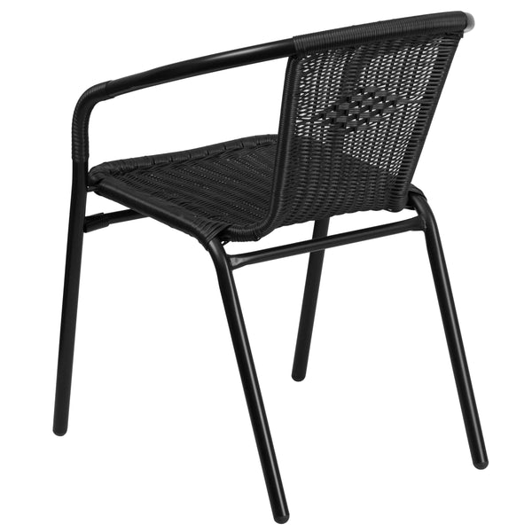 Black |#| 2 Pack Black Rattan Indoor-Outdoor Restaurant Stack Chair with Curved Back