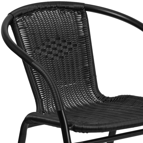 Black |#| 2 Pack Black Rattan Indoor-Outdoor Restaurant Stack Chair with Curved Back