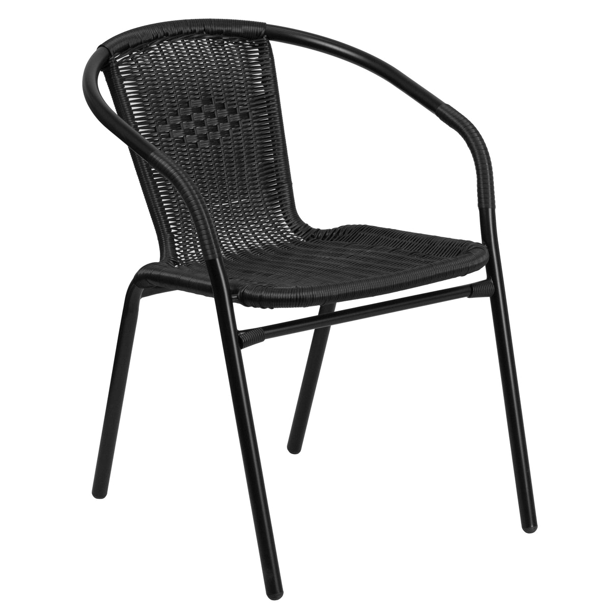 Black |#| 2 Pack Black Rattan Indoor-Outdoor Restaurant Stack Chair with Curved Back