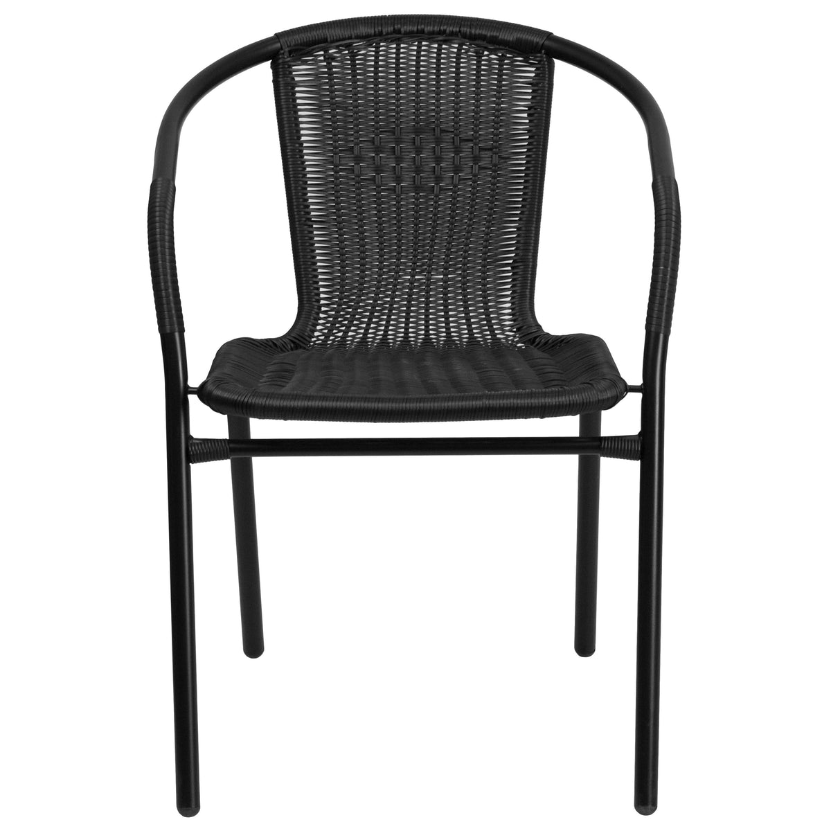Black |#| 2 Pack Black Rattan Indoor-Outdoor Restaurant Stack Chair with Curved Back