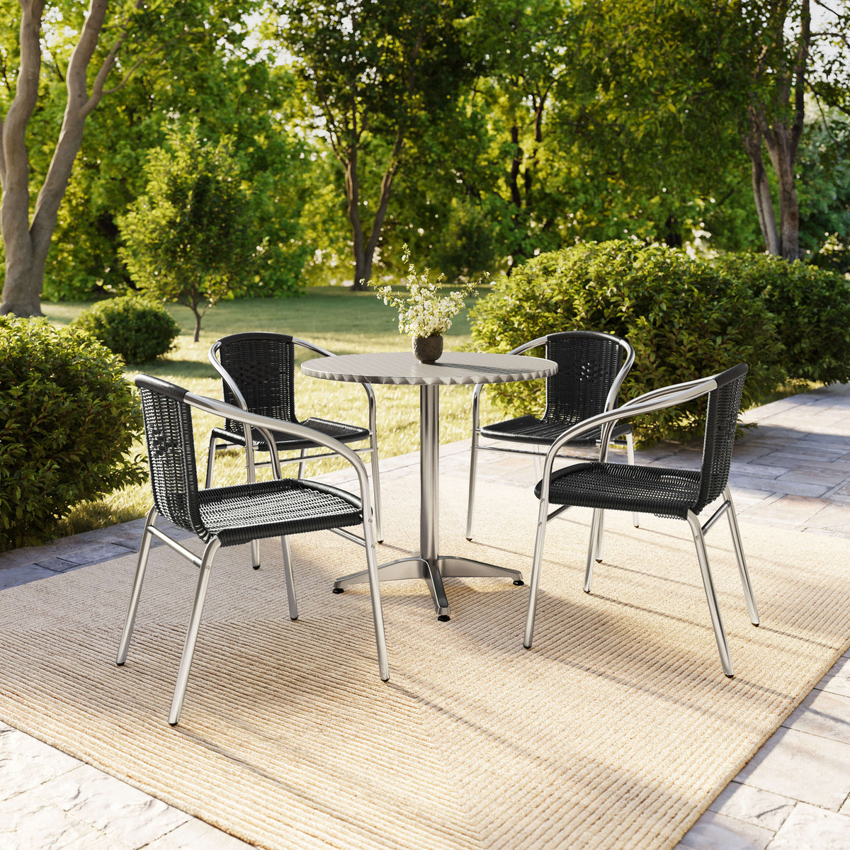 Black |#| 31.5" Round Aluminum Indoor-Outdoor Table Set with 4 Black Rattan Chairs