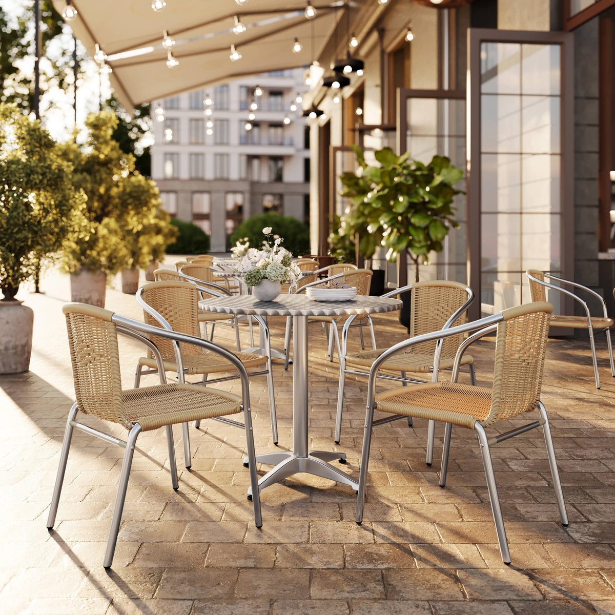 Beige |#| 31.5" Round Aluminum Indoor-Outdoor Table Set with 4 Beige Rattan Chairs