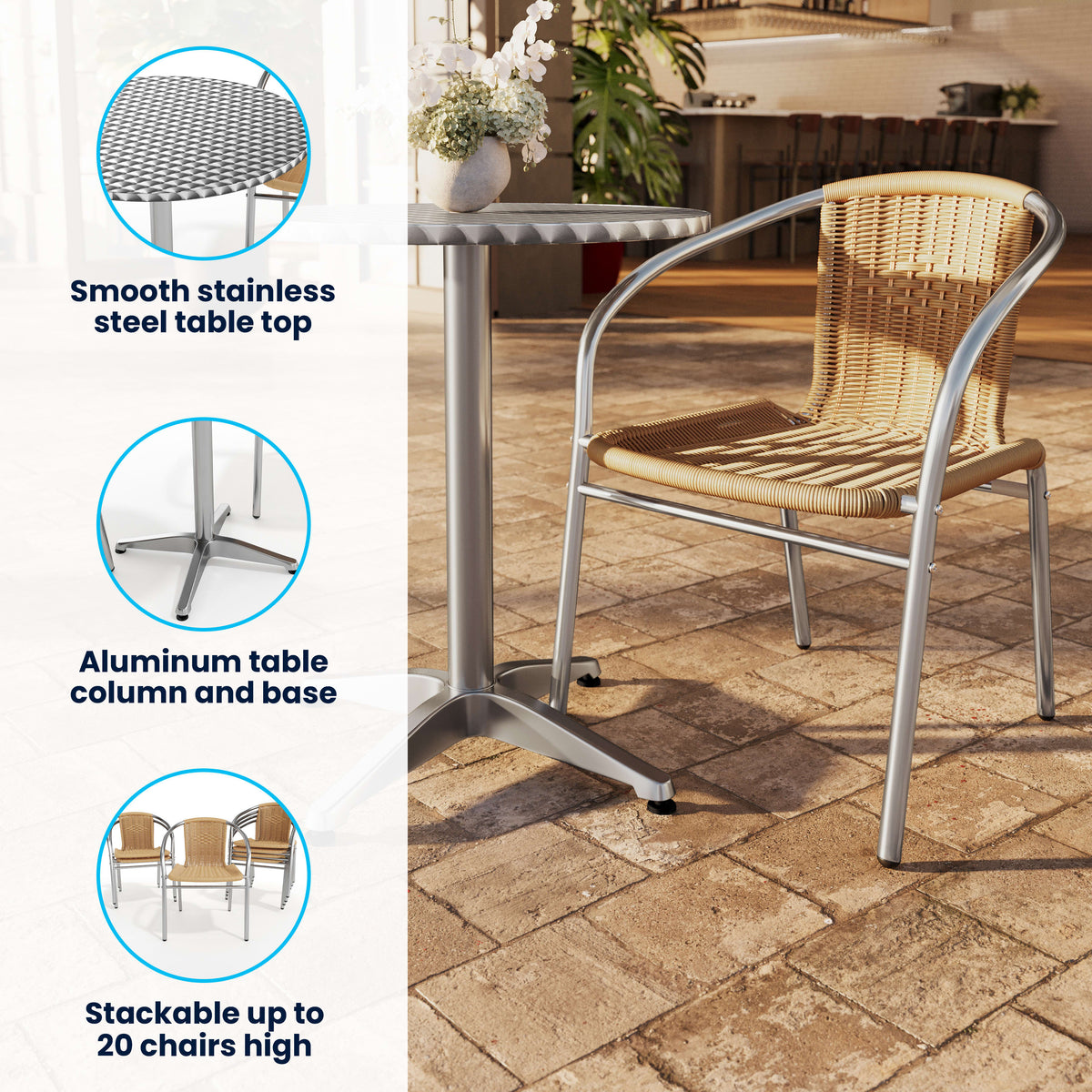 Beige |#| 31.5" Round Aluminum Indoor-Outdoor Table Set with 4 Beige Rattan Chairs