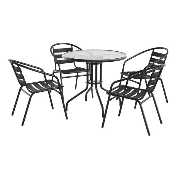 Black |#| 31.5" Round Glass Metal Table with 4 Black Metal Aluminum Slat Stack Chairs