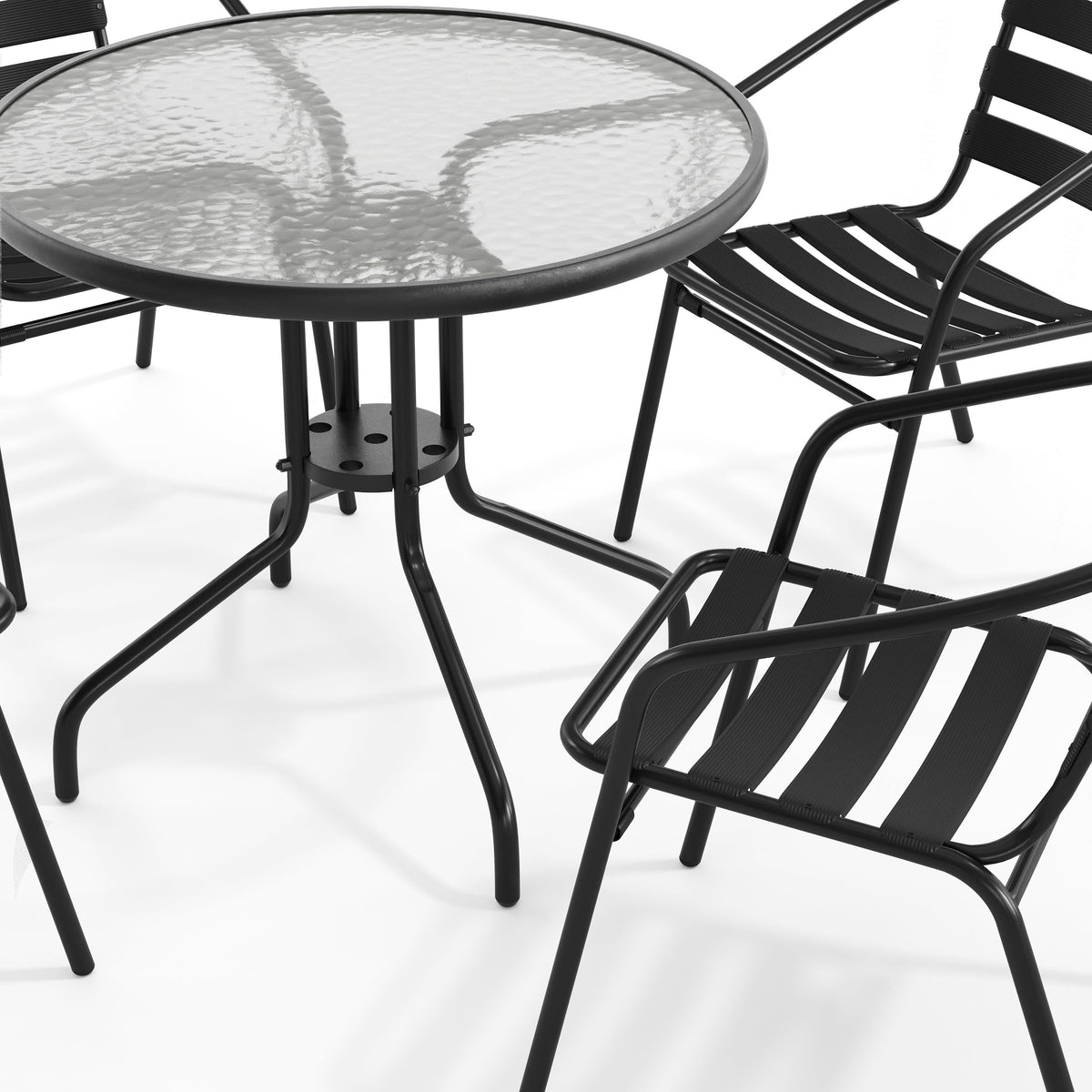 Black |#| 31.5" Round Glass Metal Table with 4 Black Metal Aluminum Slat Stack Chairs