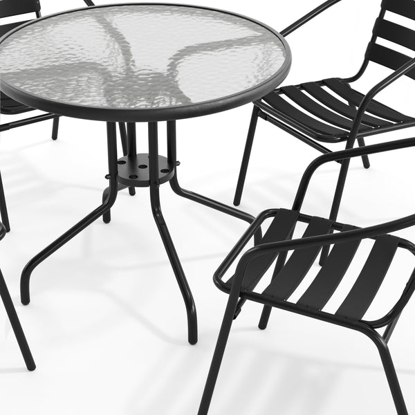 Black |#| 31.5" Round Glass Metal Table with 4 Black Metal Aluminum Slat Stack Chairs