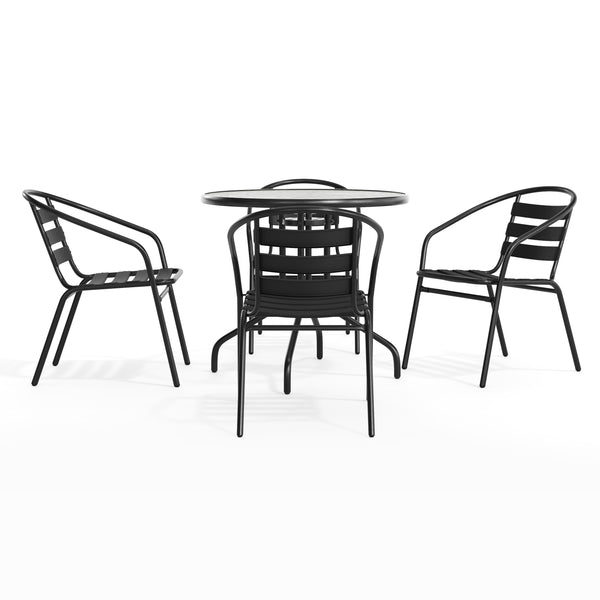 Black |#| 31.5" Round Glass Metal Table with 4 Black Metal Aluminum Slat Stack Chairs