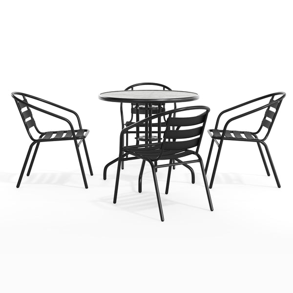 Black |#| 31.5" Round Glass Metal Table with 4 Black Metal Aluminum Slat Stack Chairs