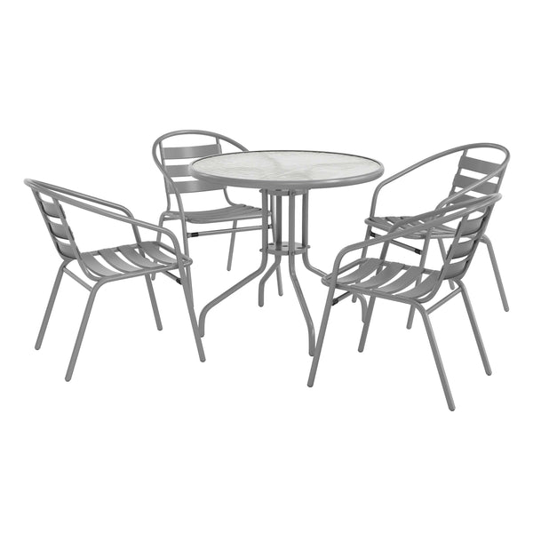 Silver |#| Modern 31.5" Round Glass Framed Glass Table with 4 Silver Slat Back Chairs