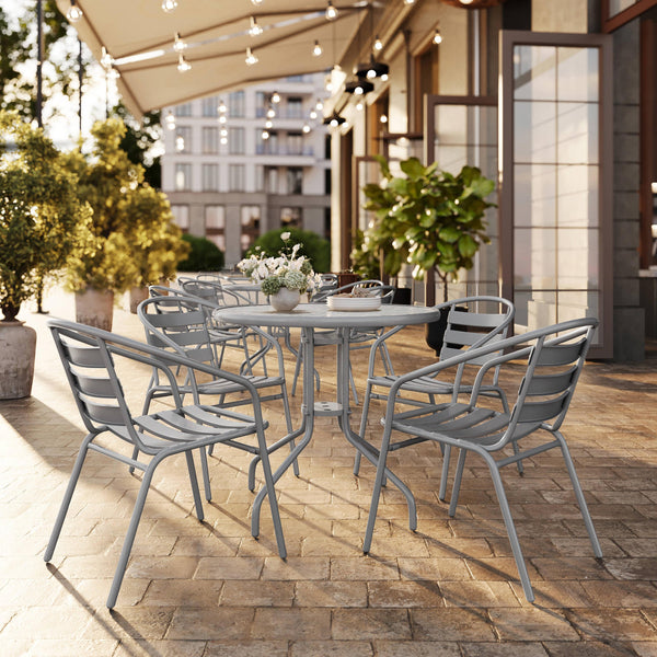 Silver |#| Modern 31.5" Round Glass Framed Glass Table with 4 Silver Slat Back Chairs