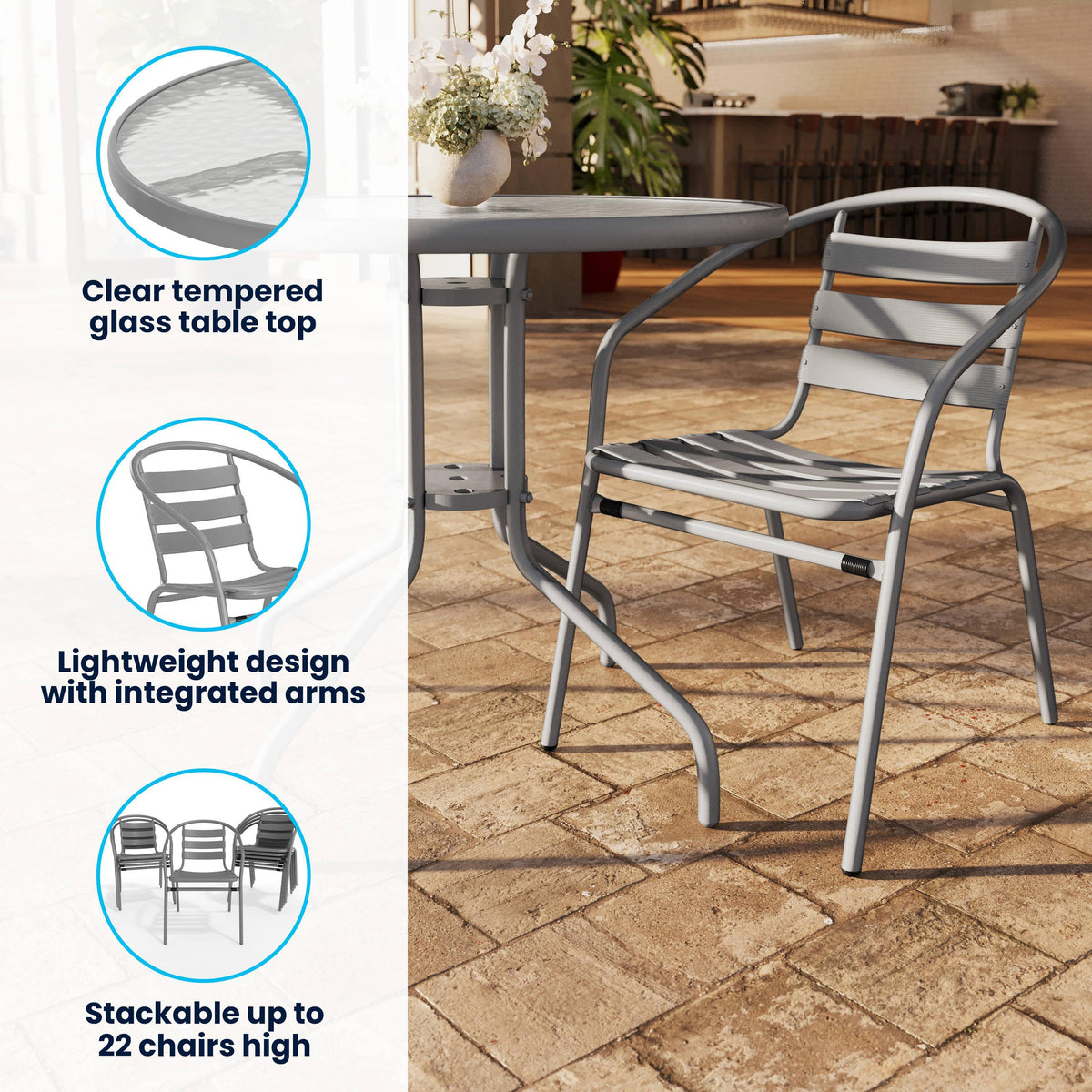 Silver |#| Modern 31.5" Round Glass Framed Glass Table with 4 Silver Slat Back Chairs
