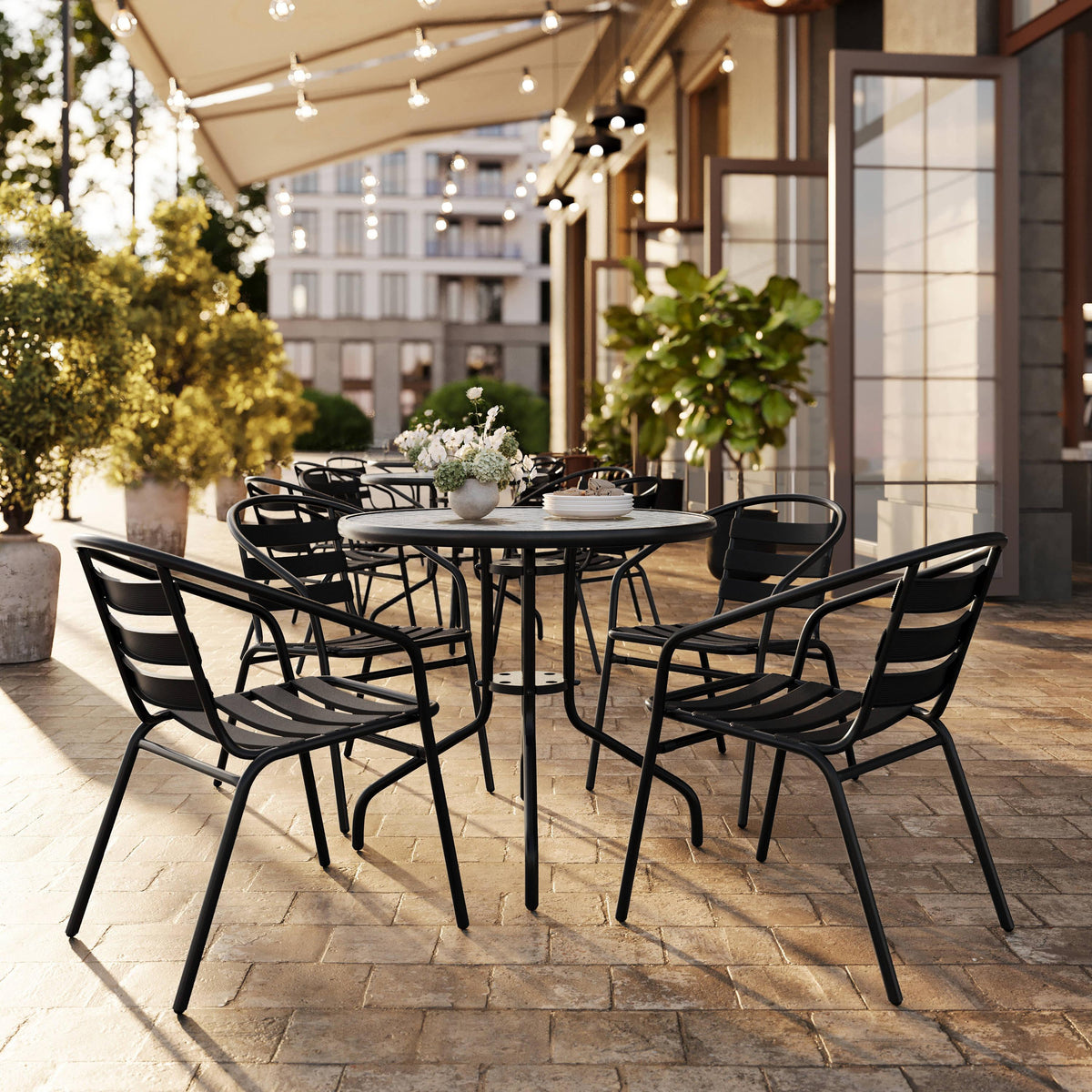 Black |#| 31.5" Round Glass Metal Table with 4 Black Metal Aluminum Slat Stack Chairs