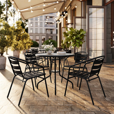 31.5" Round Glass Metal Table with 4 Metal Aluminum Slat Stack Chairs - View 2