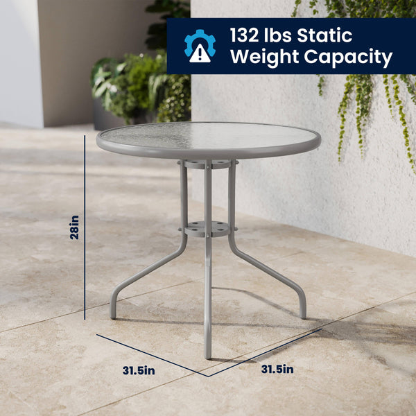 Silver |#| Modern 31.5" Round Glass Framed Glass Table with 4 Silver Slat Back Chairs