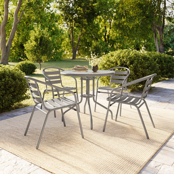 Silver |#| Modern 31.5" Round Glass Framed Glass Table with 4 Silver Slat Back Chairs