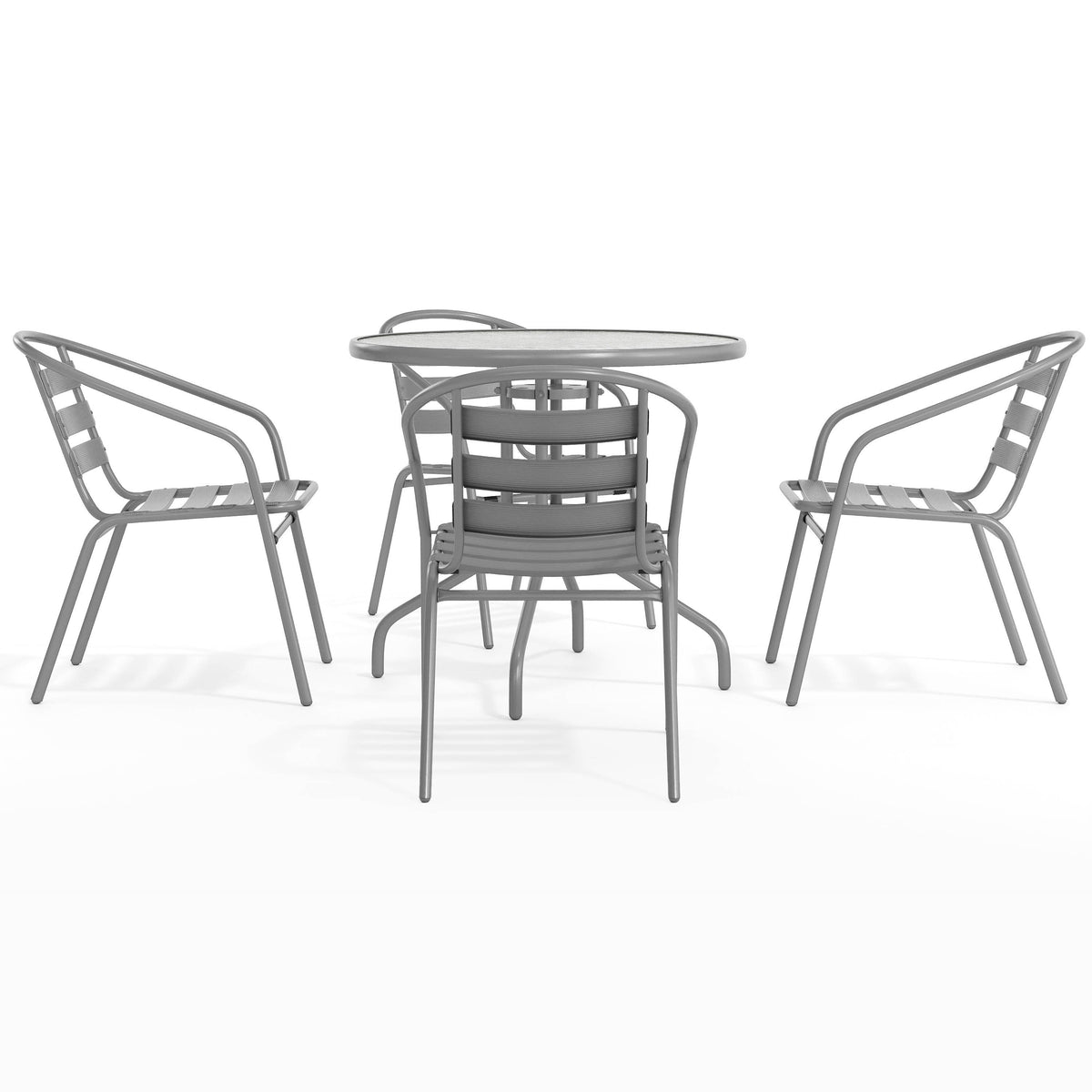 Silver |#| Modern 31.5" Round Glass Framed Glass Table with 4 Silver Slat Back Chairs