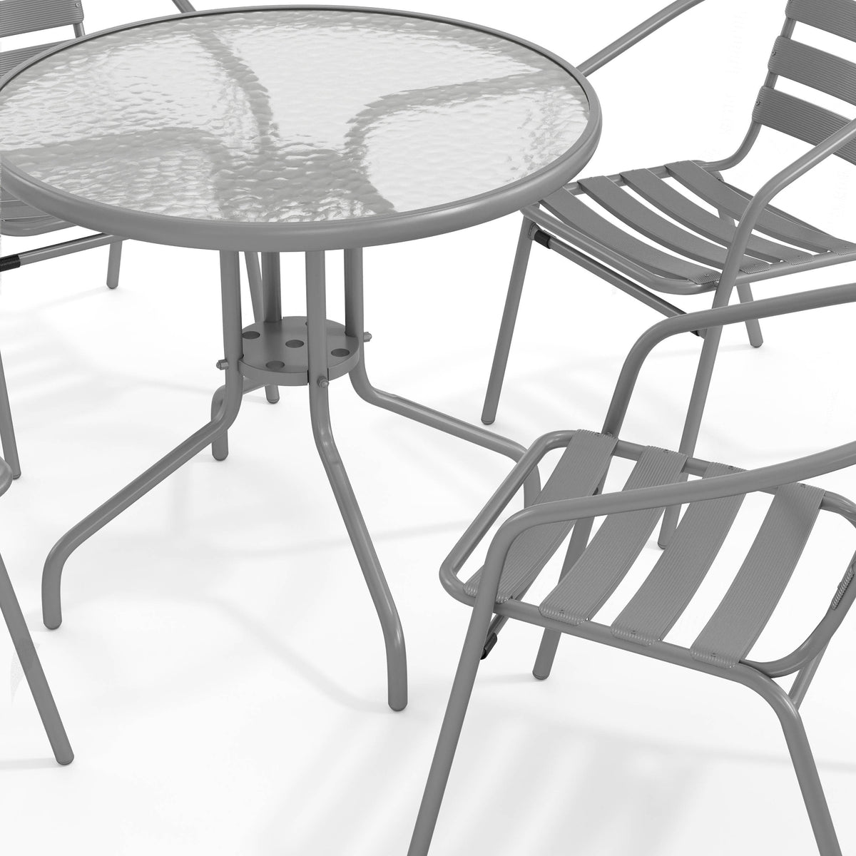 Silver |#| Modern 31.5" Round Glass Framed Glass Table with 4 Silver Slat Back Chairs