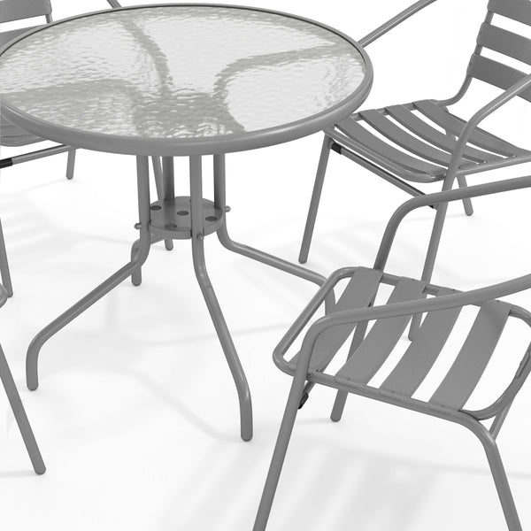 Silver |#| Modern 31.5" Round Glass Framed Glass Table with 4 Silver Slat Back Chairs