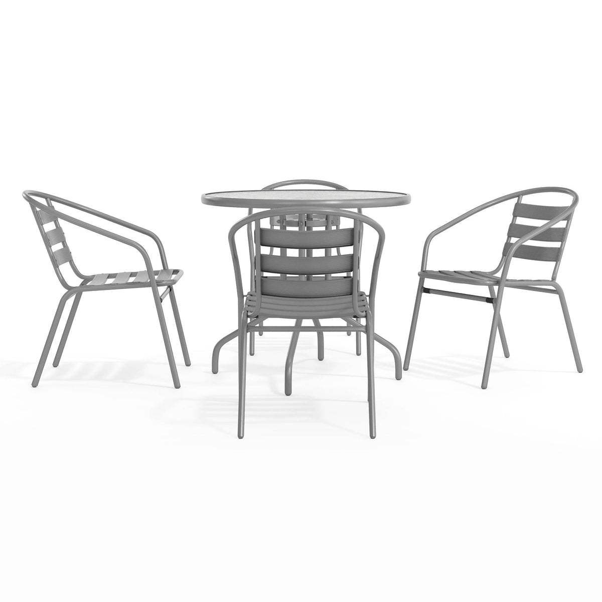 Silver |#| Modern 31.5" Round Glass Framed Glass Table with 4 Silver Slat Back Chairs