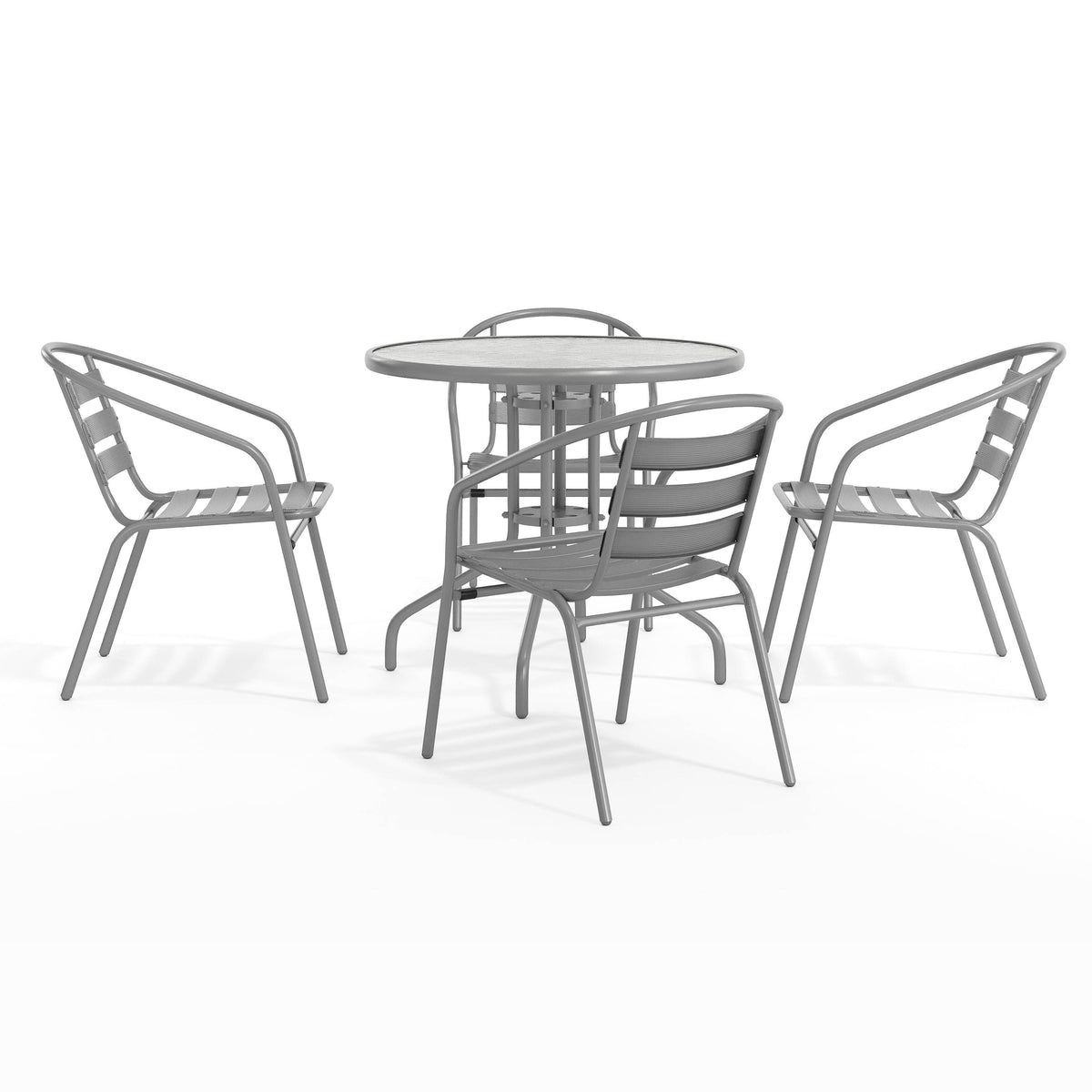 Silver |#| Modern 31.5" Round Glass Framed Glass Table with 4 Silver Slat Back Chairs