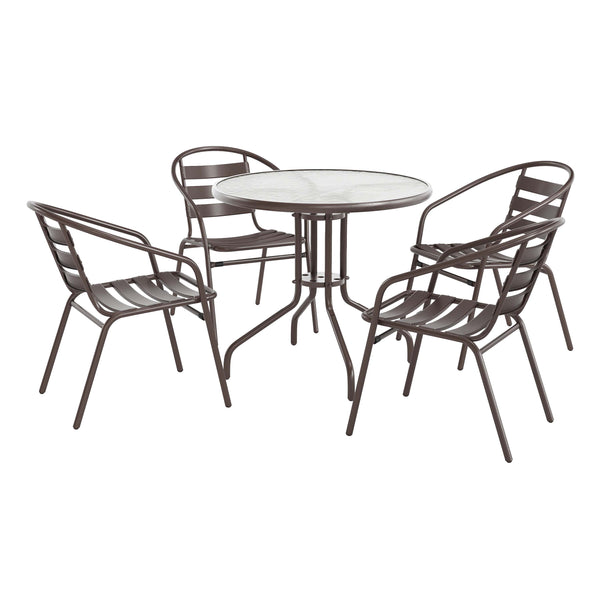 Bronze |#| Modern 31.5" Round Glass Framed Glass Table with 4 Bronze Slat Back Chairs