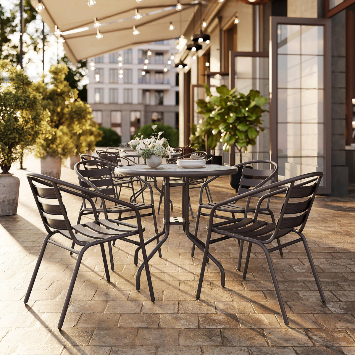 Bronze |#| Modern 31.5" Round Glass Framed Glass Table with 4 Bronze Slat Back Chairs