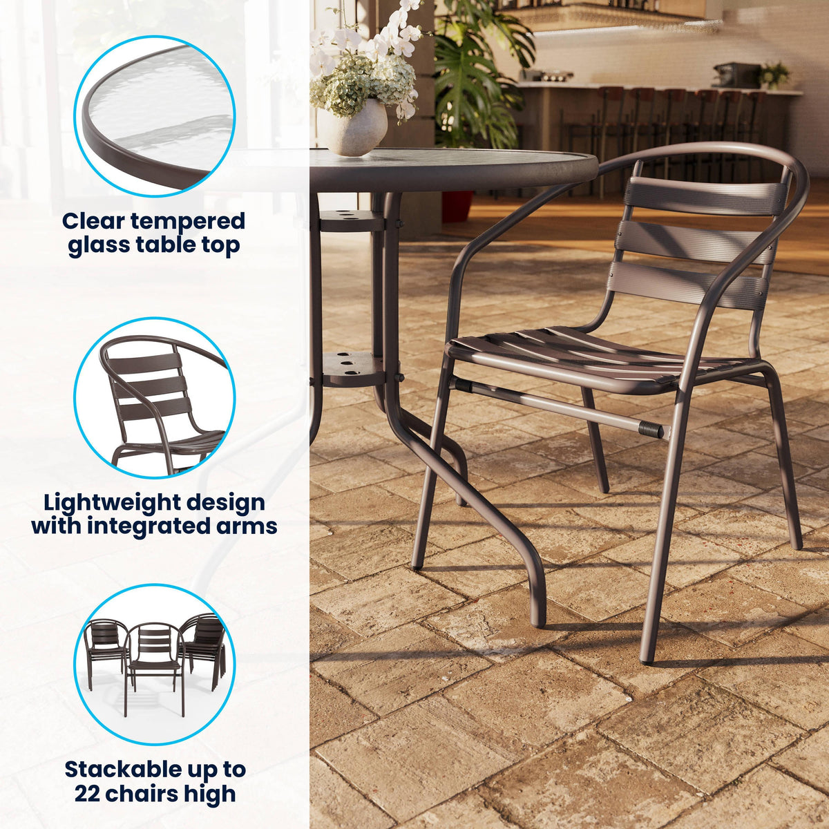 Bronze |#| Modern 31.5" Round Glass Framed Glass Table with 4 Bronze Slat Back Chairs