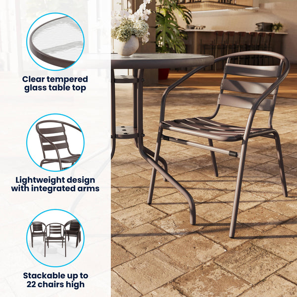 Bronze |#| Modern 31.5" Round Glass Framed Glass Table with 4 Bronze Slat Back Chairs