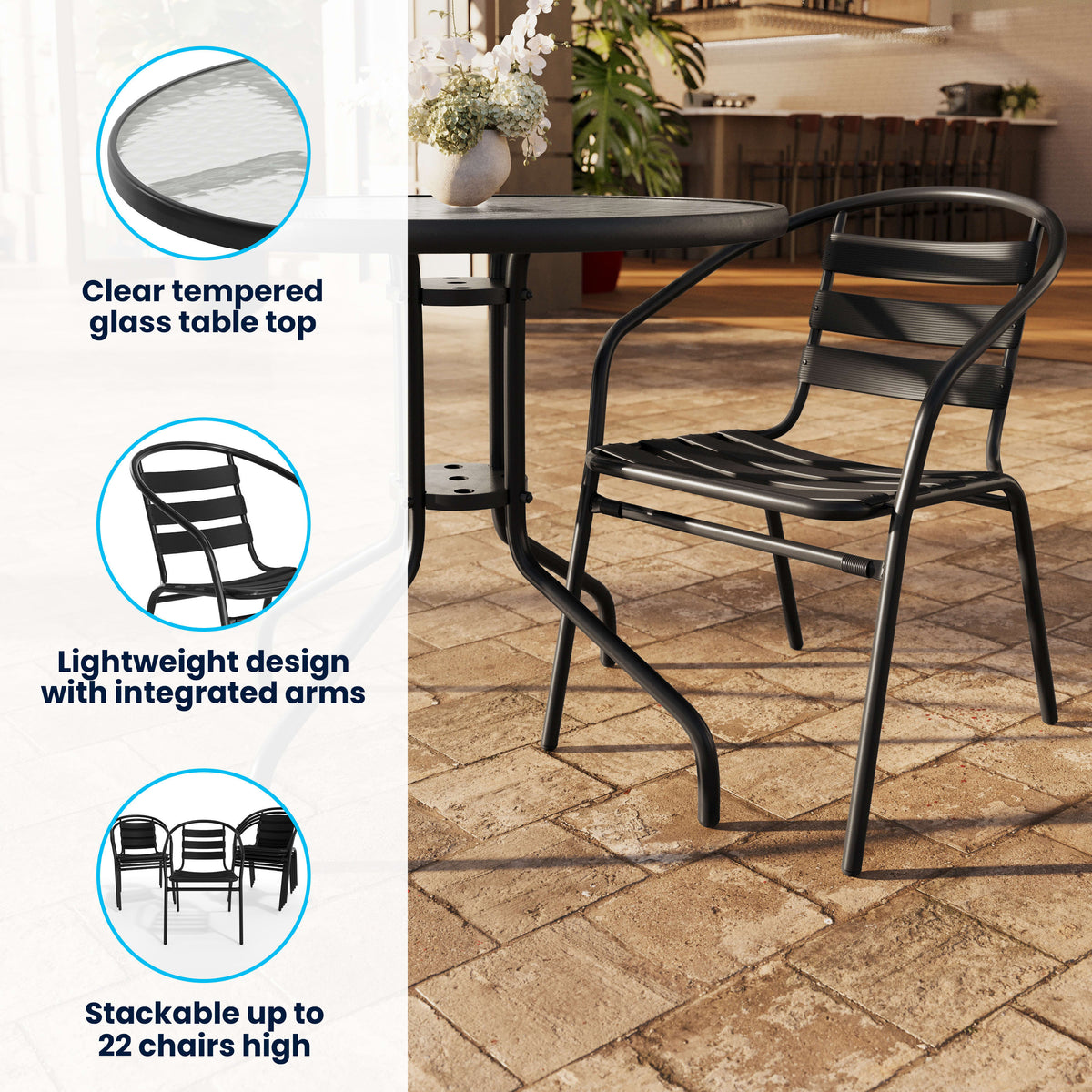 Black |#| 31.5" Round Glass Metal Table with 4 Black Metal Aluminum Slat Stack Chairs