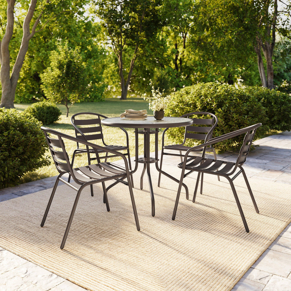 Bronze |#| Modern 31.5" Round Glass Framed Glass Table with 4 Bronze Slat Back Chairs