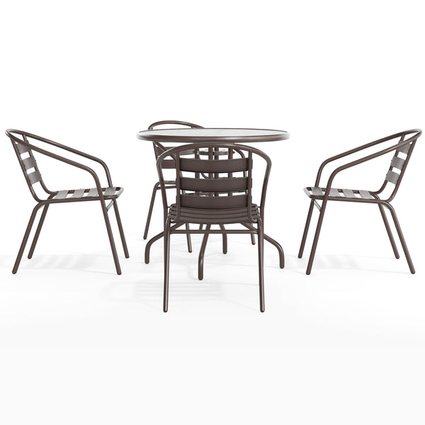 Bronze |#| Modern 31.5" Round Glass Framed Glass Table with 4 Bronze Slat Back Chairs