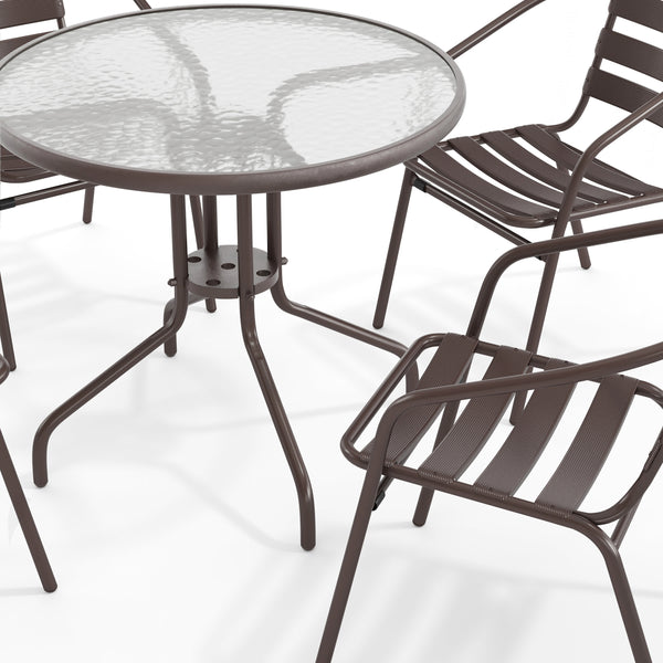 Bronze |#| Modern 31.5" Round Glass Framed Glass Table with 4 Bronze Slat Back Chairs
