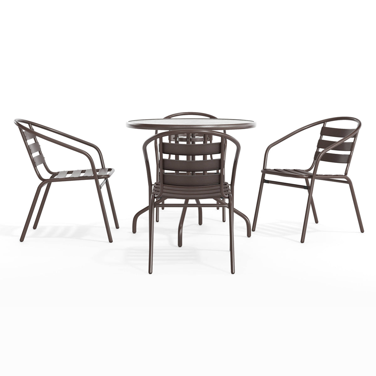 Bronze |#| Modern 31.5" Round Glass Framed Glass Table with 4 Bronze Slat Back Chairs