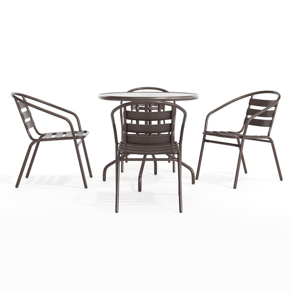 Bronze |#| Modern 31.5" Round Glass Framed Glass Table with 4 Bronze Slat Back Chairs